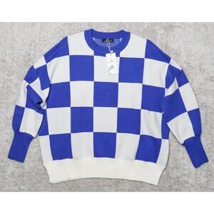 Boutique Blue White Checkerboard Oversized Crew Neck Sweater Womens Size M NWT